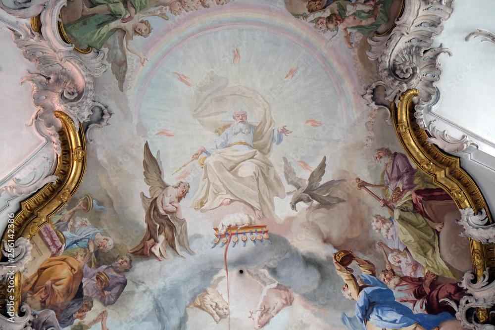 The Adoration of the Lamb , fresco by Matthaus Gunther in Benedictine monastery church in Amorbach, Germany