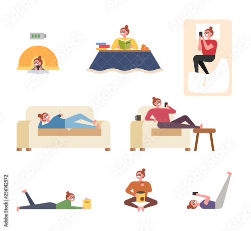 A woman taking a break at home. flat design style minimal vector illustration