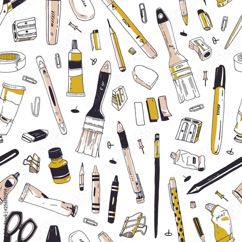 Elegant seamless pattern with stationery, writing utensils, office tools or art supplies hand drawn on white background. Realistic vector illustration for wrapping paper, textile print, wallpaper.