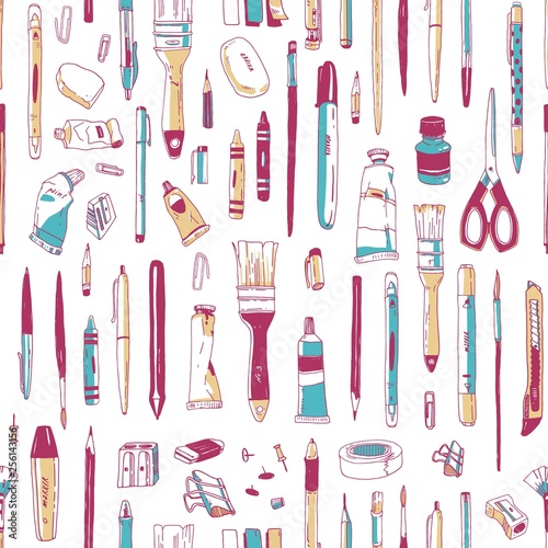 Realistic seamless pattern with stationery, writing utensils, tools for artist or art supplies hand drawn on white background. Vector illustration in vintage style for wrapping paper, fabric print.