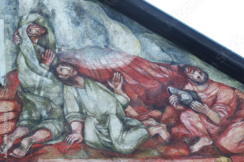 Saints James, Peter and John, fresco by Sieger Koder on the wall of the pilgrimage house of St. James in Hohenberg, Germany  photo