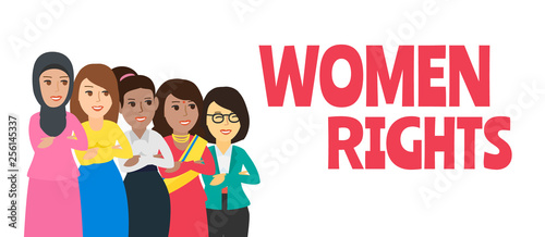 multicultural female group with crossed arms for women rights 