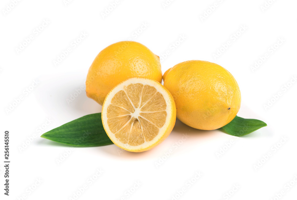 Ripe lemon with green leaves