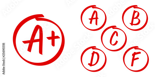 School grade results vector icons. Letters and plus grades marks in red circle photo