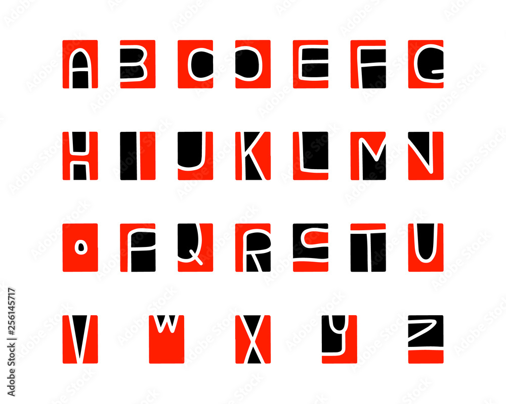 Cut-out alphabet, printmaking lino-cut vector elements on background colorful Cut-out alphabet, printmaking lino-cut vector elements on background colorful
