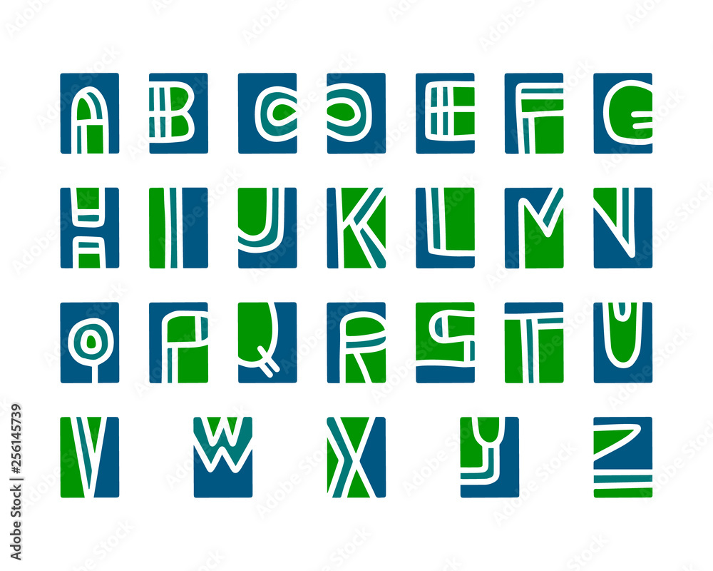 Cut-out alphabet, printmaking lino-cut vector elements on background. Colorful