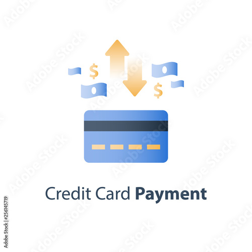 Dollar currency and credit card, payment method, bank services, cash back, financial solution, deposit and withdraw