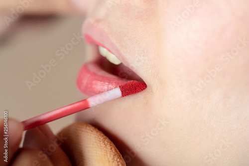 Professional make up. Makeup artist apply lip gloss. Close up of woman face. Red Lipstick. Beauty Cosmetics  Makeup Concept
