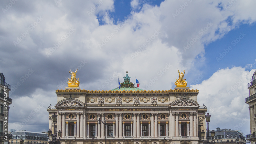 Frontal facade of Palais Garnier in Paris, France