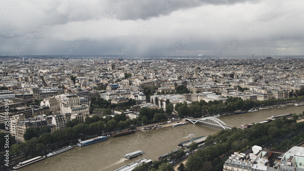 View of the city of Paris, France from top of Eiffel Tower on a cloudy day