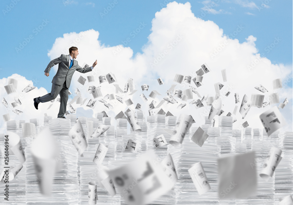 Precise businessman in suit running with phone. Precise businessman in suit running with phone.