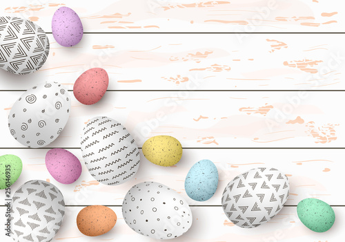 Happy Easter. Congratulatory easter white shabby wooden background. Easter colorful shabby eggs