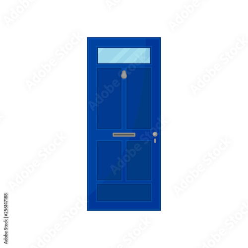 Blue door with glass on white background.