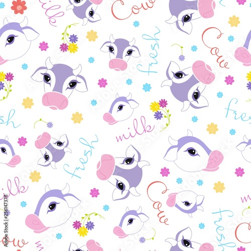 Seamless cow pattern. Animal white background with cute cows and colorful flowers. Vector illustarion. 