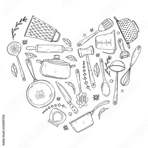 heart made of elements with handdrawn kitchenware on isolate on a white background