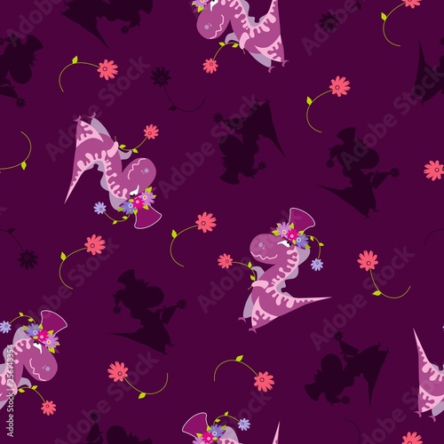 Seamless dinosaur pattern with flower. Animal background with pink dino. Vector illustration.