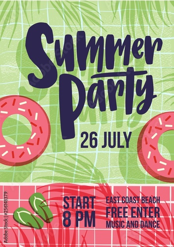 Invitation template for summer open air party with water pool, swim tube, sha...