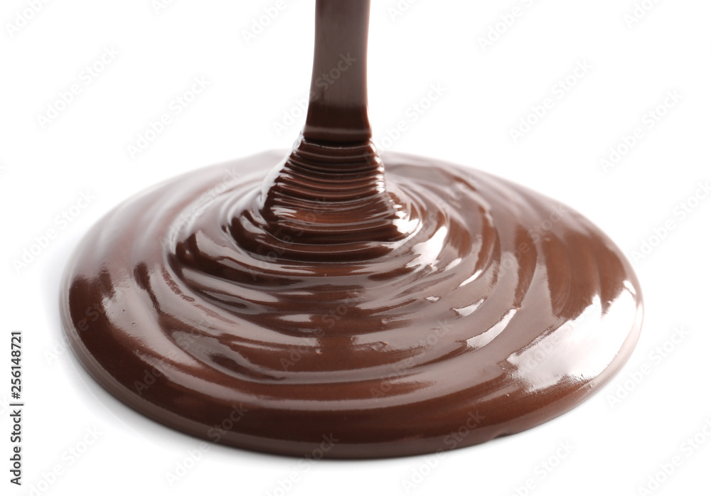 Pouring melted chocolate on white background Pouring melted chocolate on white background