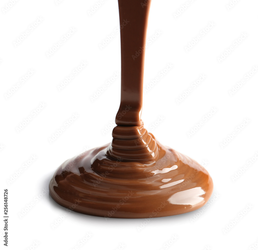 Pouring melted chocolate on white background Pouring melted chocolate on white background