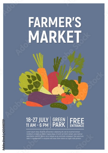 Invitation template for farmer's market, harvest festival or fresh organic food fair decorated by delicious ripe vegetables or crops