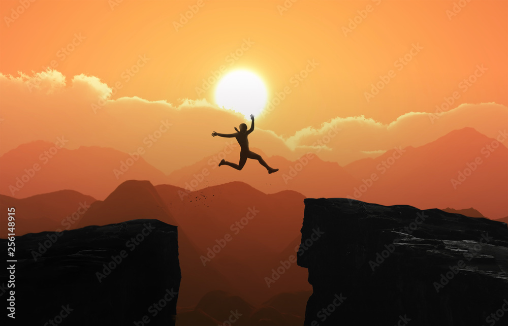 Silhouette a businessman jumps over the ravine. Challenge, obstacle, optimism, determination in business concept. - Image