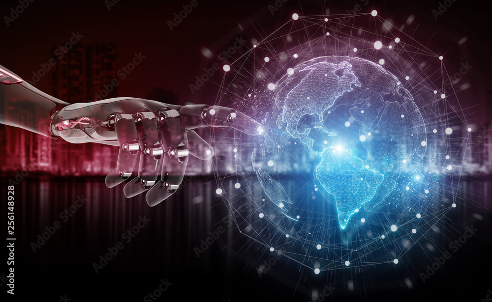 Fototapeta premium Red robot hacking a world network system 3D rendering