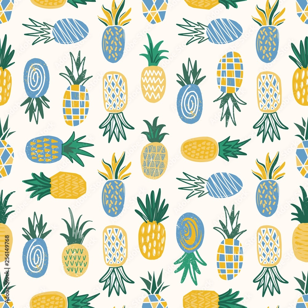 Flat seamless pattern with pineapples of various texture on white background. Backdrop with exotic tropical fresh juicy fruits. Colorful vector illustration in modern doodle style for textile print. Flat seamless pattern with pineapples of various texture on white background. Backdrop with exotic tropical fresh juicy fruits. Colorful vector illustration in modern doodle style for textile print.