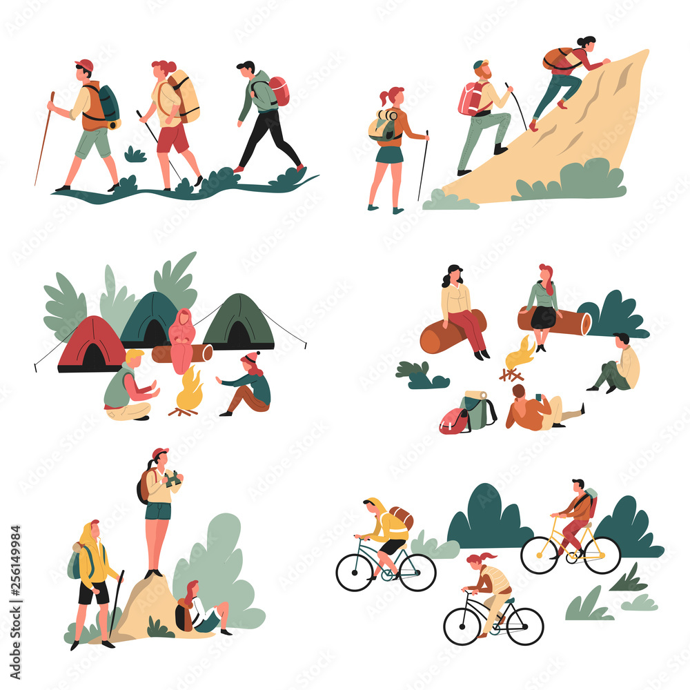 Hiking outdoor activity camping and bicycles walking and campfire - obrazy, fototapety, plakaty 