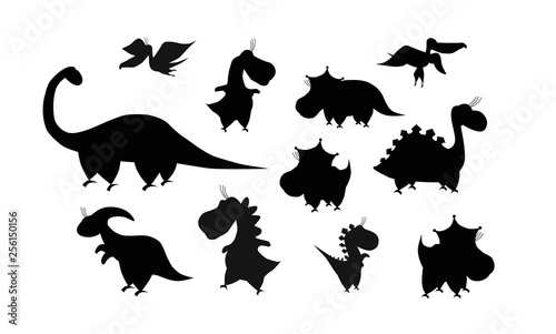 Collection silhouette of dinosaurs. Cartoon dino. Vector illustration.