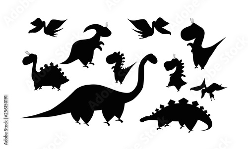 Collection silhouette of dinosaurs. Cartoon dino. Vector illustration.