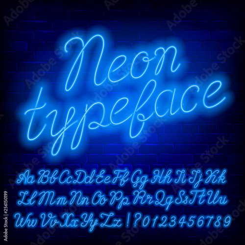 Blue Neon alphabet font. Blue neon color lowercase and uppercase script letters and numbers. Stock vector typeface for your typography design.