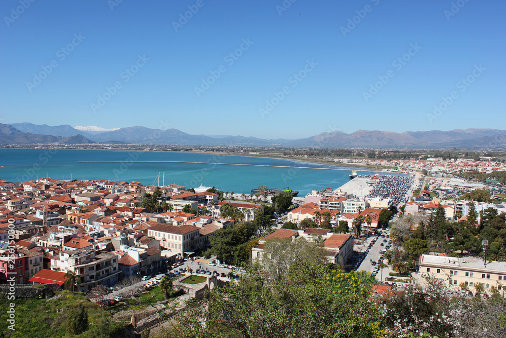 Nafplio aerial panoramic view from Palamidi fortress in Greece