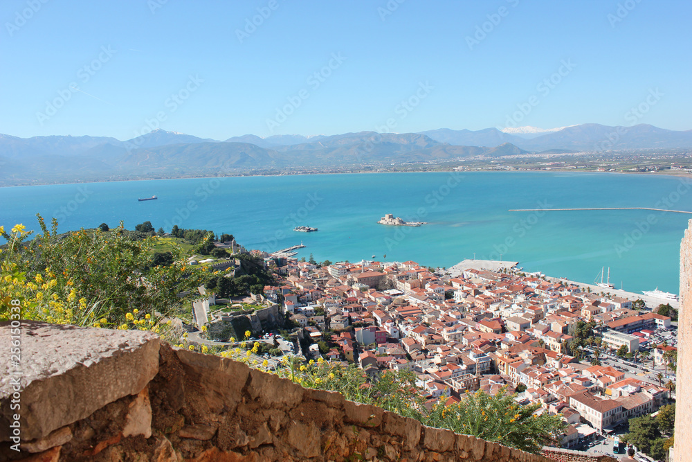 Nafplio aerial panoramic view from Palamidi fortress in Greece