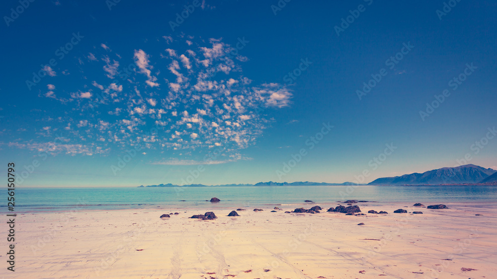 Sea coast with sandy beach,Lofoten Norway Sea coast with sandy beach,Lofoten Norway