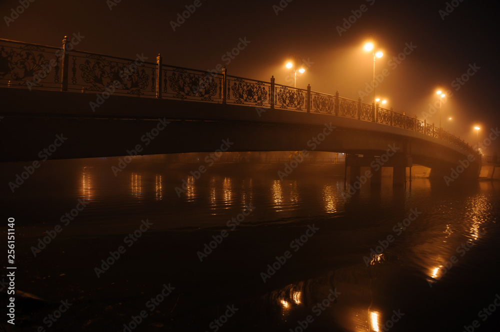 Bridge over the river in the city at night in the fog