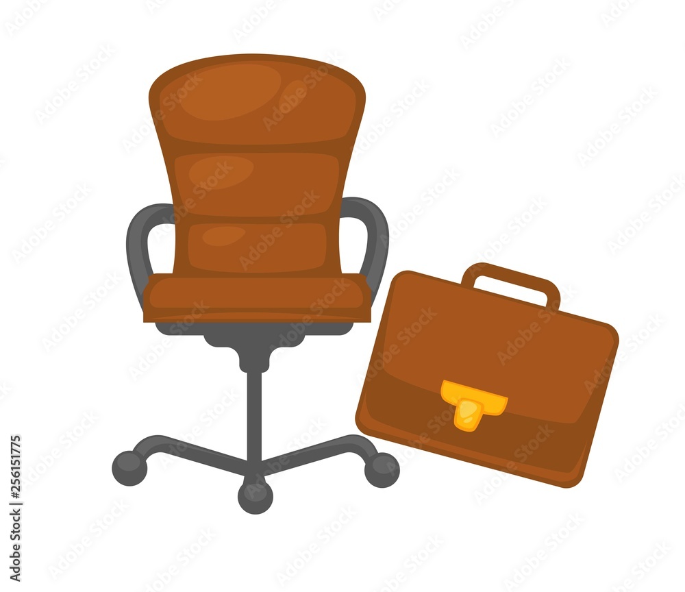 Office chair and briefcase isolated objects furniture and accessory Office chair and briefcase isolated objects furniture and accessory