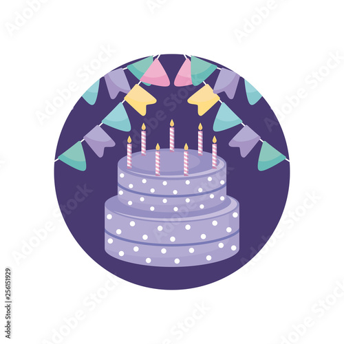 sweet cake with candles in frame circular
