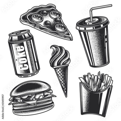 Monochrome vector set of fast food in vintage style, pizza, hamburger, soda, French fries, ice cream