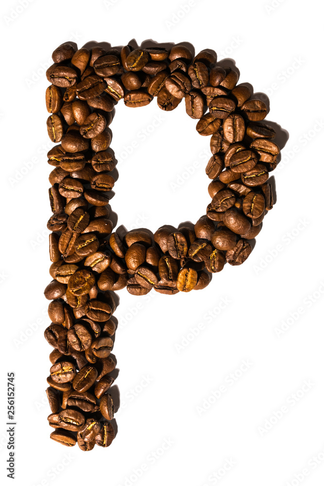 Obraz premium Roasted coffee bean letter P isolated on white