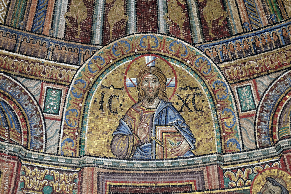 Christ Pantocrator, mosaic from facade of the Basilica San Marco, St. Mark's Square, Venice, Italy, UNESCO World Heritage Sites 