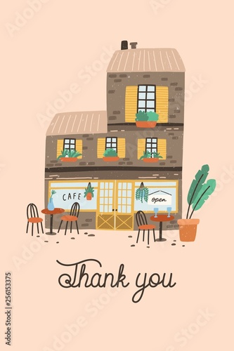Card, postcard or poster template with coffee house or cafe building on street of European city and Thank You word or phrase written with cursive font