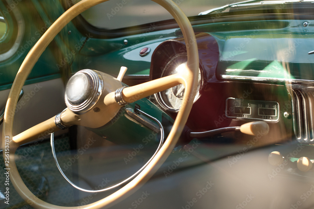 vintage retro car, steering wheel and dashboard