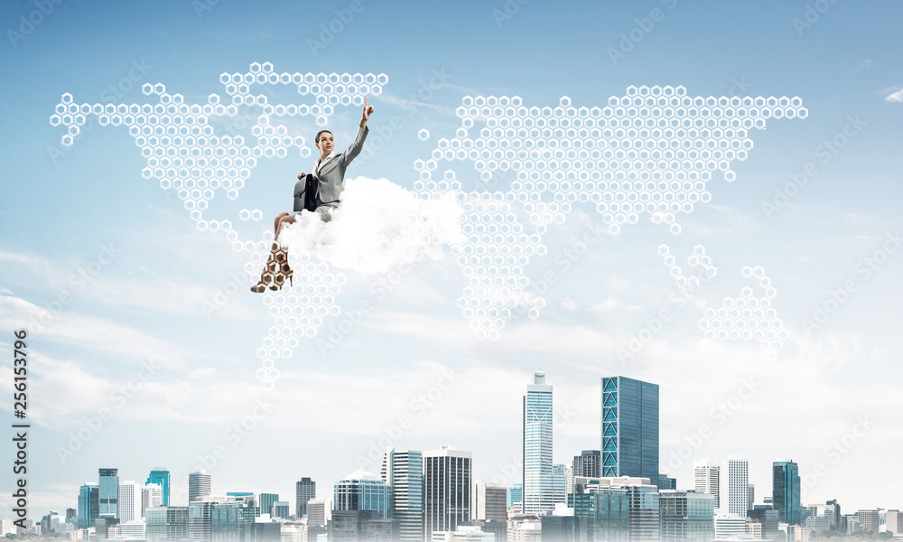 Elegant lady boss or accountant float on cloud and pointing with finger