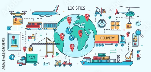 Banner template with freight vehicles and vessels carrying goods. Cargo transportation, international trade and delivery, worldwide shipment. Colorful vector illustration in modern line art style.