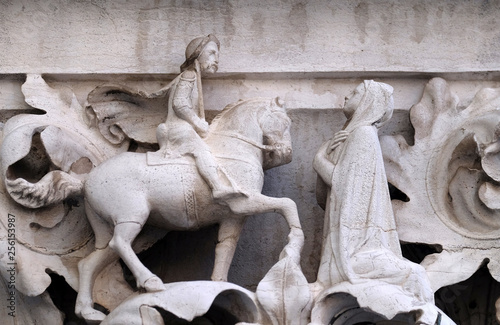 Medieval reliefs from Doge's Palace capital in Saint Mark Square, Venice, Italy, UNESCO World Heritage Sites 