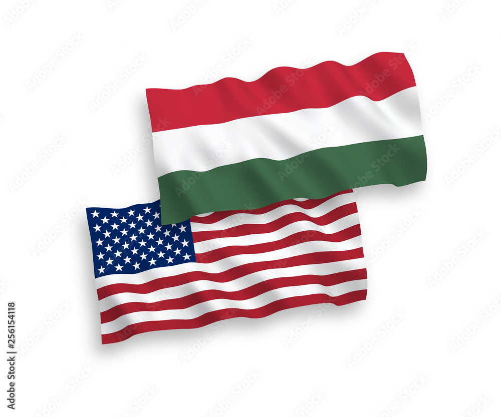 Obraz premium National vector fabric wave flags of Hungary and America isolated on white background. 1 to 2 proportion.