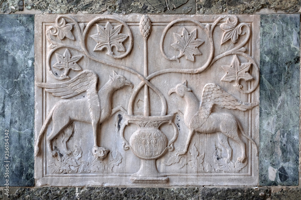 Byzantine relief of two griffins, facade detail of St. Mark's Basilica, St. Mark's Square, Venice, Italy, UNESCO World Heritage Sites