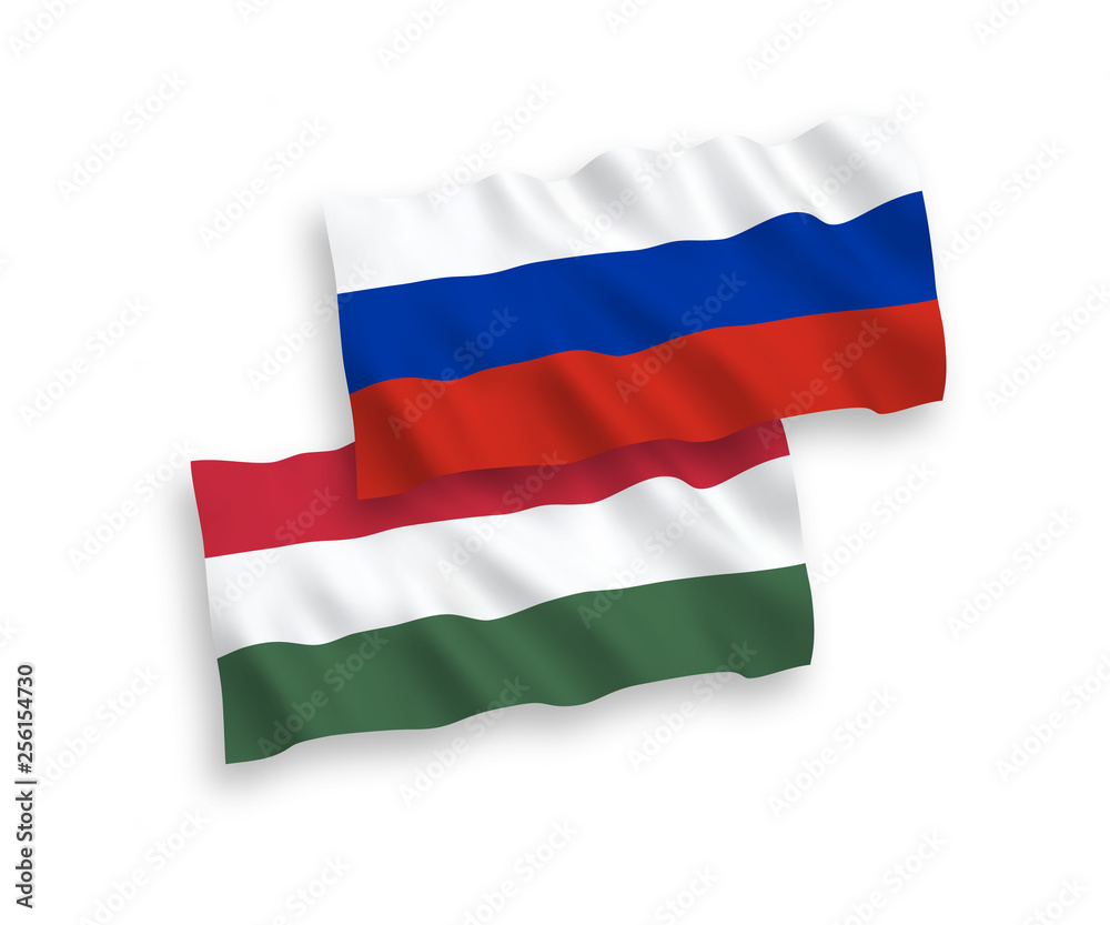 National vector fabric wave flags of Hungary and Russia isolated on white background. 1 to 2 proportion.
