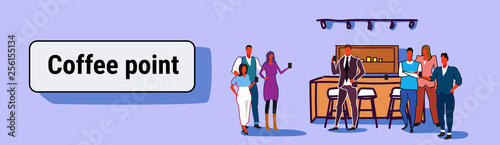 people group having break drinking and discussing coffee point concept businesspeople holding hot drinks male female characters full length sketch horizontal banner