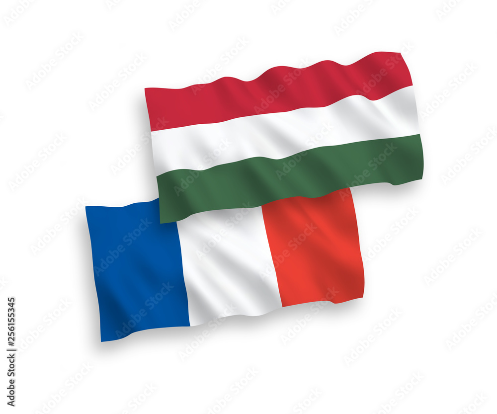 National vector fabric wave flags of France and Hungary isolated on white background. 1 to 2 proportion.
